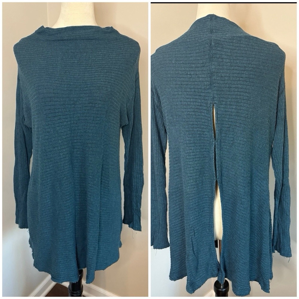 We The Free People Lover Split Back Sweater Small S Teal Blue Ribbed Tunic Top